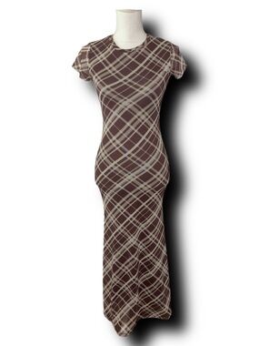 Anthropologie See You Monday 90s Y2K Style Plaid Cap-Sleeve Mesh Maxi Dress